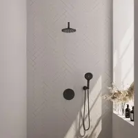 Brauer Black Edition thermostatische inbouw regendouche 3-weg rond SET 81 met 20 cm douchekop en gebogen muurarm en 3-standen handdouche en doucheslang en wandaansluitbocht mat zwart