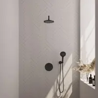 Brauer Black Carving thermostatische inbouw regendouche 3-weg rond SET 81 met 20 cm douchekop en gebogen muurarm en 3-standen handdouche en doucheslang en wandaansluitbocht mat zwart