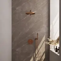 Brauer Copper Edition thermostatische inbouw regendouche 3-weg rond SET 74 met 30 cm douchekop en rechte muurarm en staaf handdouche en doucheslang en wandaansluitbocht koper geborsteld PVD