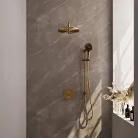 Brauer Gold Edition thermostatische inbouw regendouche 3-weg rond SET 94 met 30 cm douchekop en gebogen muurarm en 3-standen handdouche en doucheslang en geïntegreerde glijstang goud geborsteld PVD