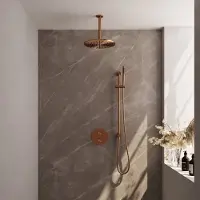 Brauer Copper Edition thermostatische inbouw regendouche 3-weg rond SET 90 met 30 cm douchekop en plafondarm en staaf handdouche en doucheslang en geïntegreerde glijstang koper geborsteld PVD