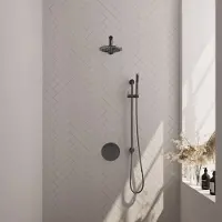 Brauer Gunmetal Carving thermostatische inbouw regendouche 3-weg rond SET 85 met 20 cm douchekop en rechte muurarm en staaf handdouche en doucheslang en geïntegreerde glijstang gunmetal geborsteld PVD