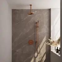 Brauer Copper Edition thermostatische inbouw regendouche 3-weg rond SET 89 met 20 cm douchekop en plafondarm en staaf handdouche en doucheslang en geïntegreerde glijstang koper geborsteld PVD