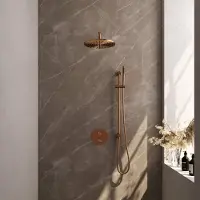 Brauer Copper Carving thermostatische inbouw regendouche 3-weg rond SET 88 met 30 cm douchekop en gebogen muurarm en staaf handdouche en doucheslang en geïntegreerde glijstang koper geborsteld PVD