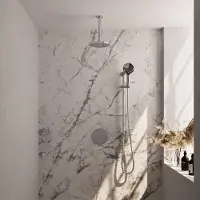 Brauer Chrome Carving thermostatische inbouw regendouche 3-weg rond SET 95 met 20 cm douchekop en plafondarm en 3-standen handdouche en doucheslang en geïntegreerde glijstang chroom