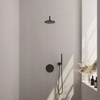 Brauer Black Carving thermostatische inbouw regendouche 3-weg rond SET 75 met 20 cm douchekop en gebogen muurarm en staaf handdouche en doucheslang en wandaansluitbocht mat zwart