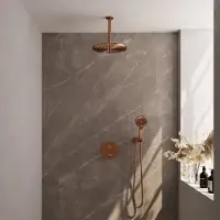 Brauer Copper Carving thermostatische inbouw regendouche 3-weg rond SET 84 met 30 cm douchekop en plafondarm en 3-standen handdouche en doucheslang en wandaansluitbocht koper geborsteld PVD