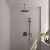 Brauer Gunmetal Carving thermostatische inbouw regendouche 3-weg rond SET 90 met 30 cm douchekop en plafondarm en staaf handdouche en doucheslang en geïntegreerde glijstang gunmetal geborsteld PVD