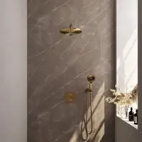 Brauer Gold Edition thermostatische inbouw regendouche 3-weg rond SET 80 met 30 cm douchekop en rechte muurarm en 3-standen handdouche en doucheslang en wandaansluitbocht goud geborsteld PVD