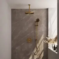 Brauer Gold Edition thermostatische inbouw regendouche 3-weg rond SET 96 met 30 cm douchekop en plafondarm en 3-standen handdouche en doucheslang en geïntegreerde glijstang goud geborsteld PVD