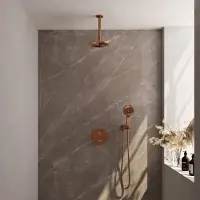 Brauer Copper Edition thermostatische inbouw regendouche 3-weg rond SET 83 met 20 cm douchekop en plafondarm en 3-standen handdouche en doucheslang en wandaansluitbocht koper geborsteld PVD