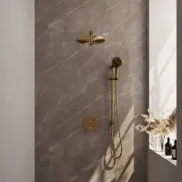 Brauer Gold Edition thermostatische inbouw regendouche 3-weg rond SET 92 met 30 cm douchekop en rechte muurarm en 3-standen handdouche en doucheslang en geïntegreerde glijstang goud geborsteld PVD