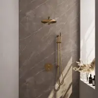 Brauer Gold Carving thermostatische inbouw regendouche 3-weg rond SET 86 met 30 cm douchekop en rechte muurarm en staaf handdouche en doucheslang en geïntegreerde glijstang goud geborsteld PVD