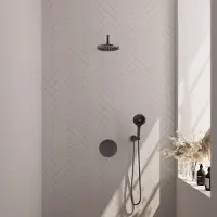 Brauer Gunmetal Carving thermostatische inbouw regendouche 3-weg rond SET 81 met 20 cm douchekop en gebogen muurarm en 3-standen handdouche en doucheslang en wandaansluitbocht gunmetal geborsteld PVD