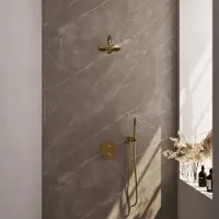 Brauer Edition Inbouw Regendoucheset 3-weg Rond - 20cm Hoofddouche - Rechte Wandarm - Staafhanddouche - Wandhouder - Geborsteld Goud PVD - Messing - Kranen, Douchekranen, Douchesets, Inbouw