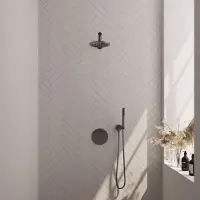 Brauer Gunmetal Carving thermostatische inbouw regendouche 3-weg rond SET 73 met 20 cm douchekop en rechte muurarm en staaf handdouche en doucheslang en wandaansluitbocht gunmetal geborsteld PVD
