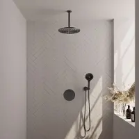 Brauer Gunmetal Edition thermostatische inbouw regendouche 3-weg rond SET 84 met 30 cm douchekop en plafondarm en 3-standen handdouche en doucheslang en wandaansluitbocht gunmetal geborsteld PVD
