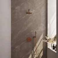 Brauer Copper Edition thermostatische inbouw regendouche 3-weg rond SET 73 met 20 cm douchekop en rechte muurarm en staaf handdouche en doucheslang en wandaansluitbocht koper geborsteld PVD