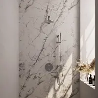 Brauer Brushed Carving thermostatische inbouw regendouche 3-weg rond SET 85 met 20 cm douchekop en rechte muurarm en staaf handdouche en doucheslang en geïntegreerde glijstang RVS geborsteld PVD