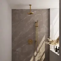 Brauer Gold Edition thermostatische inbouw regendouche 3-weg rond SET 89 met 20 cm douchekop en plafondarm en staaf handdouche en doucheslang en geïntegreerde glijstang goud geborsteld PVD