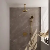 Brauer Gold Edition thermostatische inbouw regendouche 3-weg rond SET 95 met 20 cm douchekop en plafondarm en 3-standen handdouche en doucheslang en geïntegreerde glijstang goud geborsteld PVD