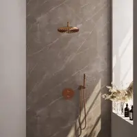Brauer Copper Carving thermostatische inbouw regendouche 3-weg rond SET 76 met 30 cm douchekop en gebogen muurarm en staaf handdouche en doucheslang en wandaansluitbocht koper geborsteld PVD