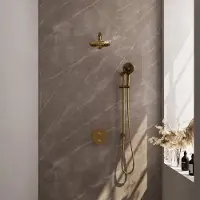Brauer Gold Carving thermostatische inbouw regendouche 3-weg rond SET 91 met 20 cm douchekop en rechte muurarm en 3-standen handdouche en doucheslang en geïntegreerde glijstang goud geborsteld PVD