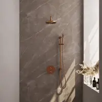 Brauer Copper Carving thermostatische inbouw regendouche 3-weg rond SET 87 met 20 cm douchekop en gebogen muurarm en staaf handdouche en doucheslang en geïntegreerde glijstang koper geborsteld PVD