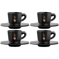 Bialetti Octagonal Espresso Kopjes Set – 4 Kopjes met Schotels – 75 ml – Mat Zwart Porselein met Goudkleurige Details