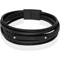 Mendes Lederen Armband voor Mannen - Zwart, Met Graveerplaat en RVS Sluiting-21cm