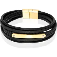 Mendes Lederen Armband voor Mannen - Goud, Met Graveerplaat en RVS Sluiting-19cm