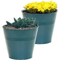 Merkloos Mega Collections plantenpot/bloempot Bob - 2x - zink - zeegroen - D15 X H13 cm - IJzeren emmer / teil