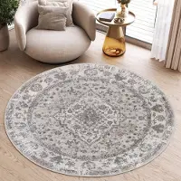 Tapiso Valley Rond Vloerkleed Lichtgrijs Laagpolig Vintage Tapijt Maat- 160x160