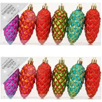 Merkloos 12x stuks kunststof kersthangers dennenappels gekleurd 9 cm kerstornamenten - Kersthangers