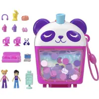 Polly Pocket Poppen en speelset, Bubble Tea Panda Compact, dierenspeelgoed met 2 micropoppen, huisdierpanda, voedselaccessoires