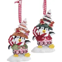 Kurt S. Adler Kerstornament - Pinguin met Gingerbread Hoed - set van 2 - rood wit zwart - 9cm