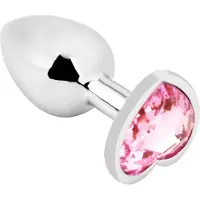 EasyToys - Hartvormige Metalen Buttplug - Zilver - Roze Siersteen - Verkrijgbaar in 3 maten Large