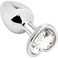EasyToys - Hartvormige Metalen Buttplug - Zilver- Witte Siersteen - Verkrijgbaar in 3 maten Large