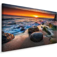Karo-art Schilderij - Strand met rotsen met zonsondergang , Wanddecoratie , Premium print