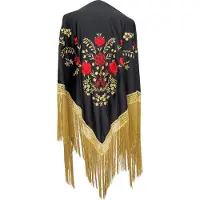 La Señorita - Spaanse manton - omslagdoek - zwart rood goud met gouden franjes Large