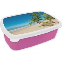 MuchoWow Broodtrommel Roze - Lunchbox - Brooddoos - Strand - Zee - Palm - 18x12x6 cm - Kinderen - Meisje