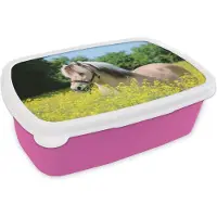 MuchoWow Broodtrommel Roze - Lunchbox Paard - Bloemen - Geel - Brooddoos 18x12x6 cm - Brood lunch box - Broodtrommels voor kinderen en volwassenen