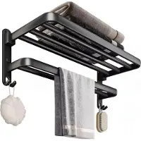 TOJ Inklapbaar Handdoekrek - Handdoekhouder - Doucherek - Badkamer - Hangend / Ophangbaar - Muur - Aluminium - Mat Zwart