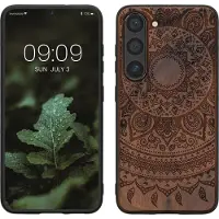 Kwmobile telefoonhoesje geschikt voorSamsung Galaxy S23 - Hoesje met bumper - hout - In donkerbruin Indian Sun design