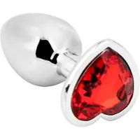 PLGZ - Hartvormige Metalen Buttplug - Zilver - Rode Siersteen - Verkrijgbaar in 3 maten Large