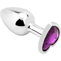 PLGZ - Hartvormige Metalen Buttplug - Zilver - Paarse Siersteen - Verkrijgbaar in 3 maten Small