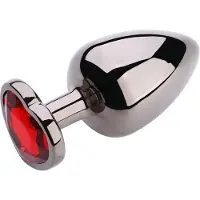PLGZ - Hartvormige Metalen Buttplug - Zwart Metallic - Rode Siersteen - Verkrijgbaar in 3 maten Small
