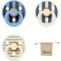 BIBS studio fopspenen maat 1 (0-6 maanden) Set 3 fopspenen + speenzakje - Block Sky Blue, en Block Ivory/Steel Blue en Pin Ivory/Steel Blue