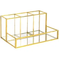 Intirilife make up organiser van glas voor cosmetica met gouden rand en spiegelbasis - 20,1 x 14,2 x 10,3 cm