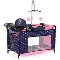 Bayer - Poppenbed met geïntegreerde kinderstoel, kastcompartiment, mobiel, kussen, dekbed, poppenaccessoires in blauw met sterren